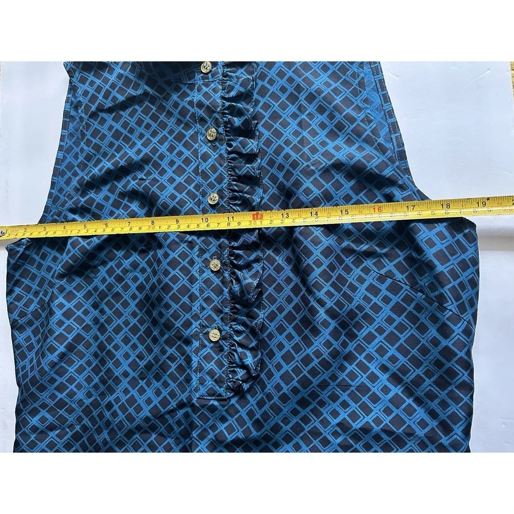 Tory‎ Burch Blue Black Geometric Ruffle Collar Sleeveless 100% Silk Blouse-Sz 8